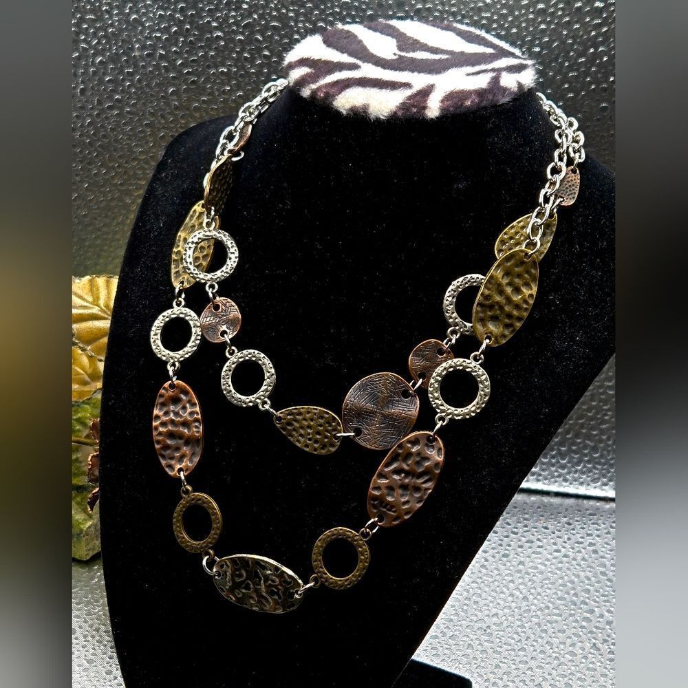"5/$40" Double Layer Tri Tone Hammered Disc Adjustable Necklace